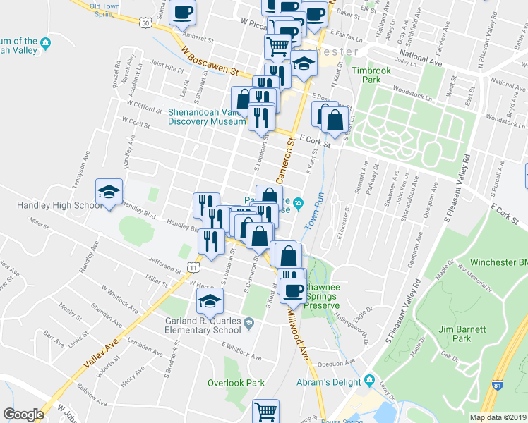 map of restaurants, bars, coffee shops, grocery stores, and more near 607 South Cameron Street in Winchester