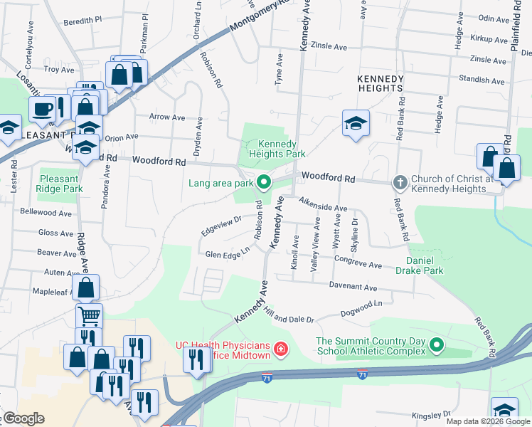 map of restaurants, bars, coffee shops, grocery stores, and more near 5901 Robison Road in Cincinnati