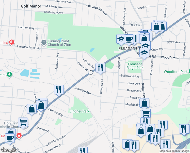 map of restaurants, bars, coffee shops, grocery stores, and more near 2850 Campus Way in Cincinnati