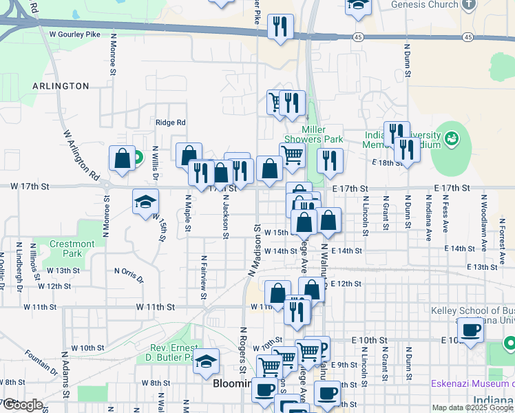 map of restaurants, bars, coffee shops, grocery stores, and more near 1221 North Madison Street in Bloomington