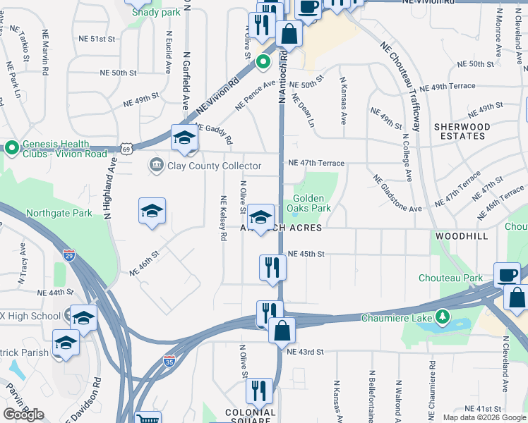 map of restaurants, bars, coffee shops, grocery stores, and more near 4632 Northeast Antioch Road in Kansas City