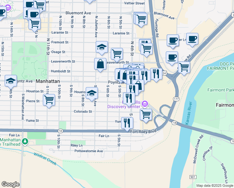 map of restaurants, bars, coffee shops, grocery stores, and more near 500-598 Houston Street in Manhattan