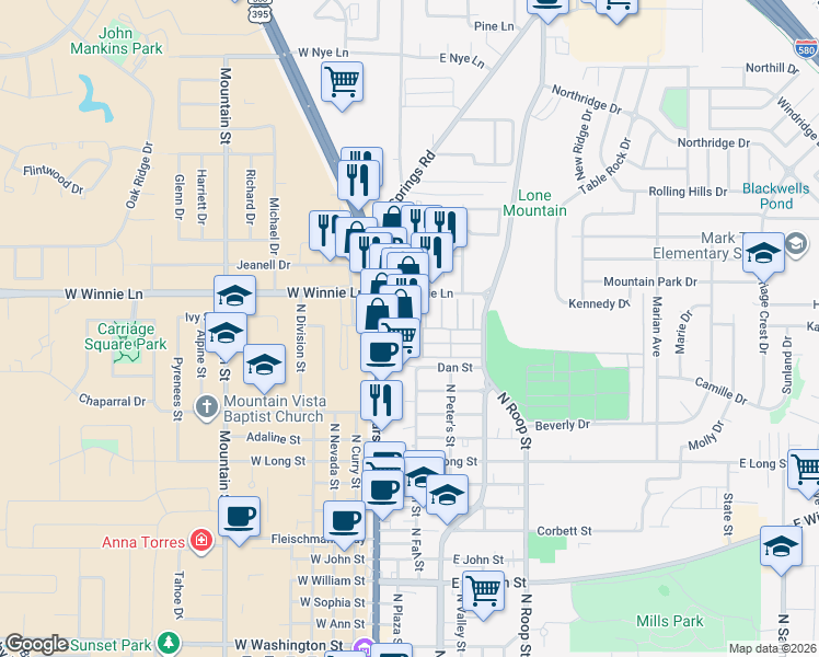 map of restaurants, bars, coffee shops, grocery stores, and more near 1-221 E Winnie Ln in Carson City