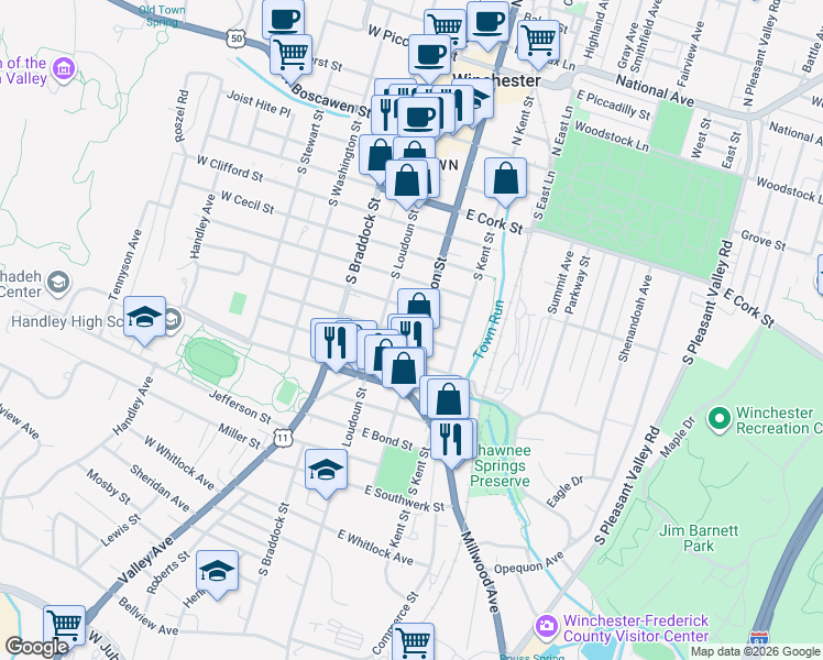 map of restaurants, bars, coffee shops, grocery stores, and more near 607 South Cameron Street in Winchester