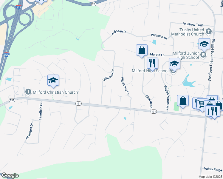 map of restaurants, bars, coffee shops, grocery stores, and more near 5140 River Valley Road in Milford