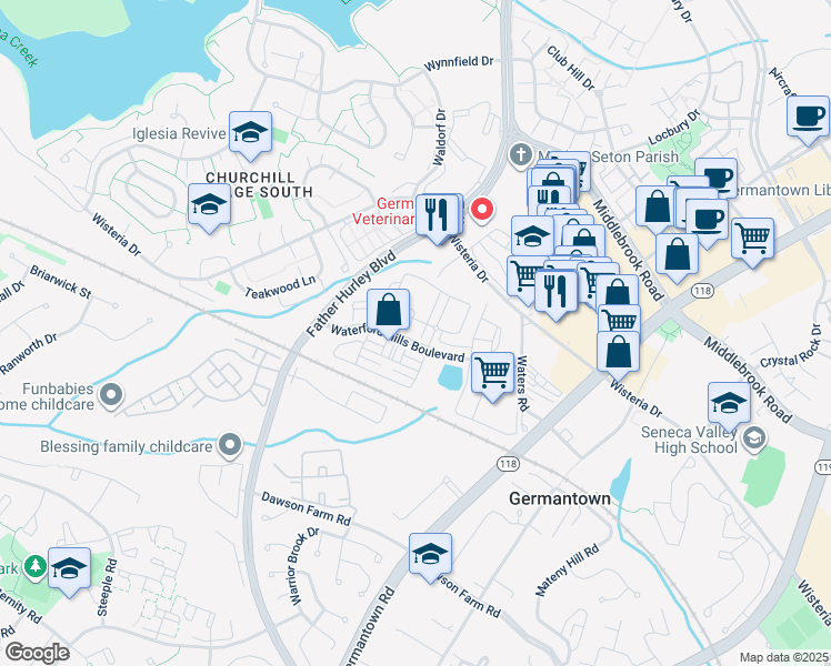 map of restaurants, bars, coffee shops, grocery stores, and more near 19629 Galway Bay Circle in Germantown