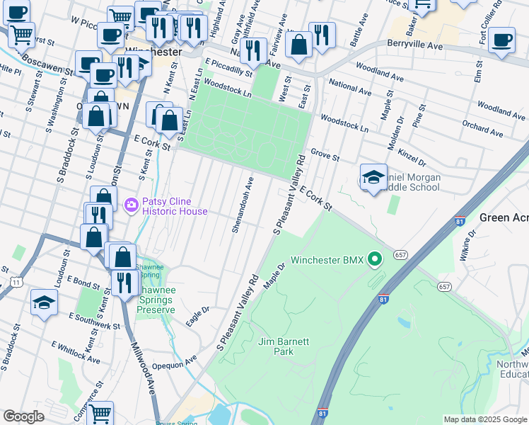 map of restaurants, bars, coffee shops, grocery stores, and more near 248 Opequon Avenue in Winchester