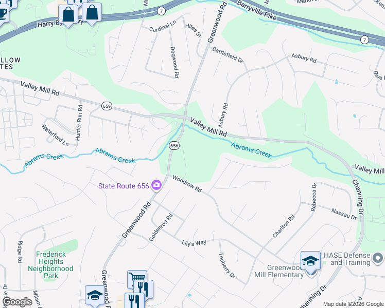 map of restaurants, bars, coffee shops, grocery stores, and more near 508 Emily Lane in Winchester