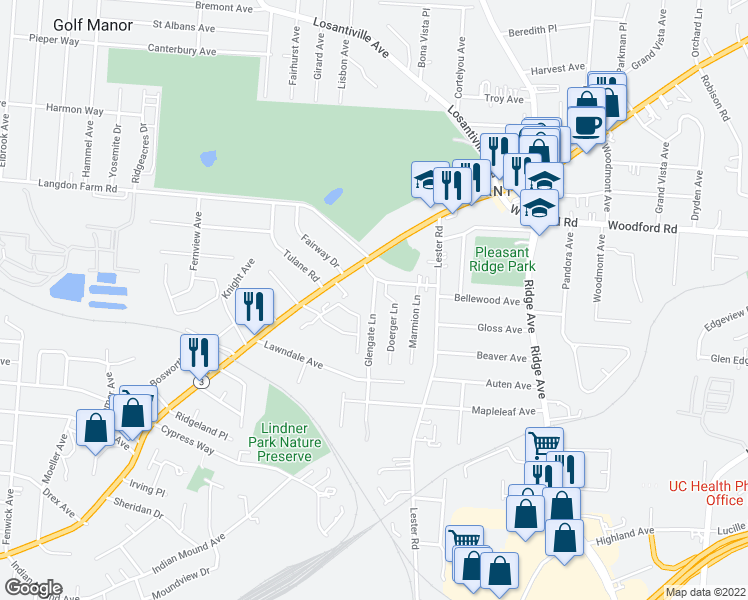 map of restaurants, bars, coffee shops, grocery stores, and more near 5761 Glengate Ln in Cincinnati