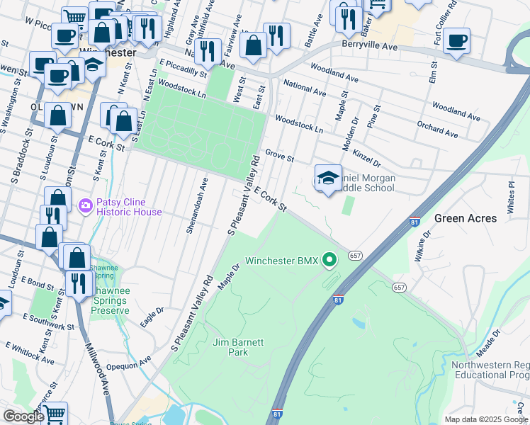map of restaurants, bars, coffee shops, grocery stores, and more near 208 South Euclid Avenue in Winchester