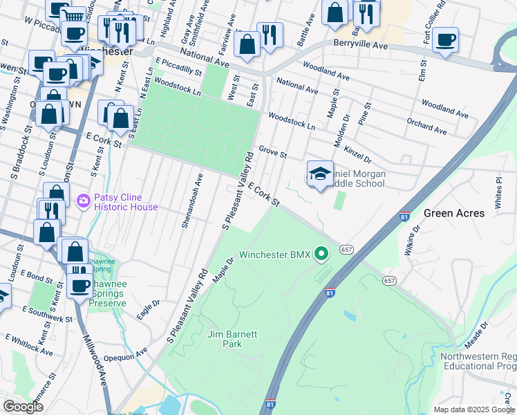 map of restaurants, bars, coffee shops, grocery stores, and more near 208 South Euclid Avenue in Winchester