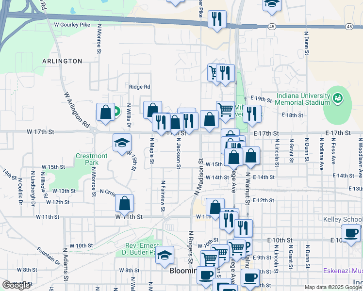 map of restaurants, bars, coffee shops, grocery stores, and more near 1110 North Jackson Street in Bloomington