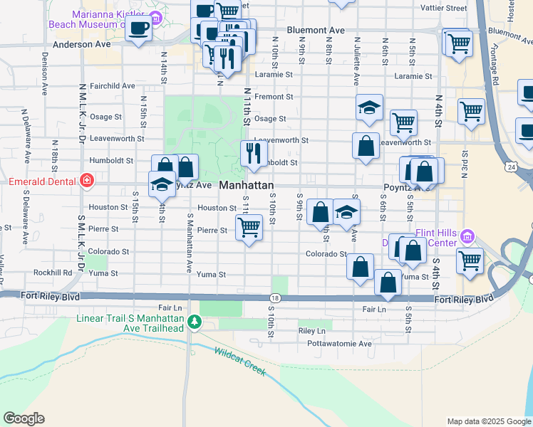 map of restaurants, bars, coffee shops, grocery stores, and more near 1005 Houston Street in Manhattan