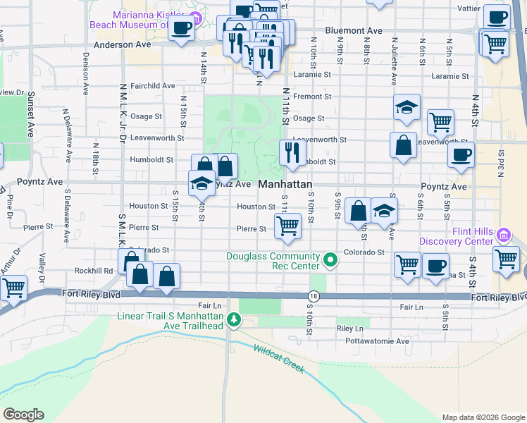 map of restaurants, bars, coffee shops, grocery stores, and more near 1115 Houston Street in Manhattan