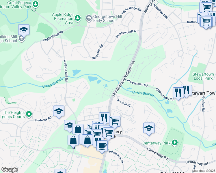 map of restaurants, bars, coffee shops, grocery stores, and more near 19737 Brassie Place in Montgomery Village