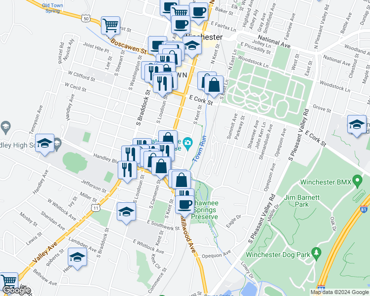 map of restaurants, bars, coffee shops, grocery stores, and more near 133 East Monmouth Street in Winchester