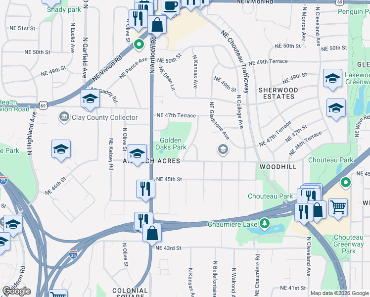 map of restaurants, bars, coffee shops, grocery stores, and more near 4616 North Kansas Avenue in Kansas City