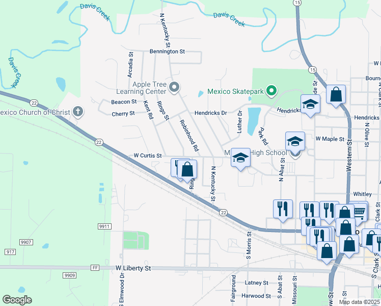 map of restaurants, bars, coffee shops, grocery stores, and more near 823 Robinhood Road in Mexico