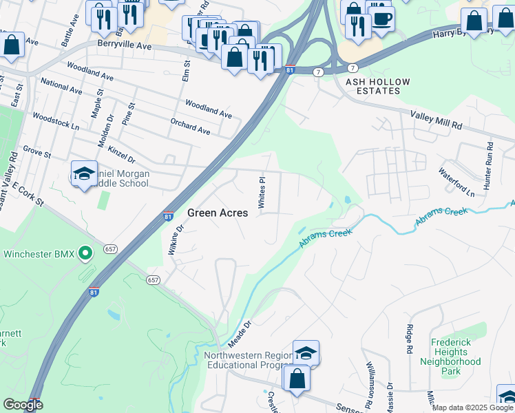 map of restaurants, bars, coffee shops, grocery stores, and more near 114 Whites Place in Winchester