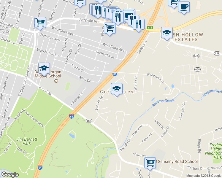 map of restaurants, bars, coffee shops, grocery stores, and more near 101 Wild Rose Circle in Winchester