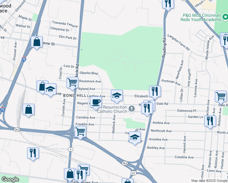 map of restaurants, bars, coffee shops, grocery stores, and more near 1425 Ryland Avenue in Cincinnati
