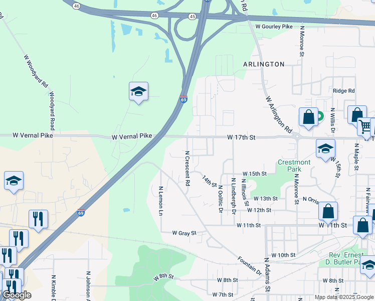 map of restaurants, bars, coffee shops, grocery stores, and more near 1306 North Crescent Road in Bloomington