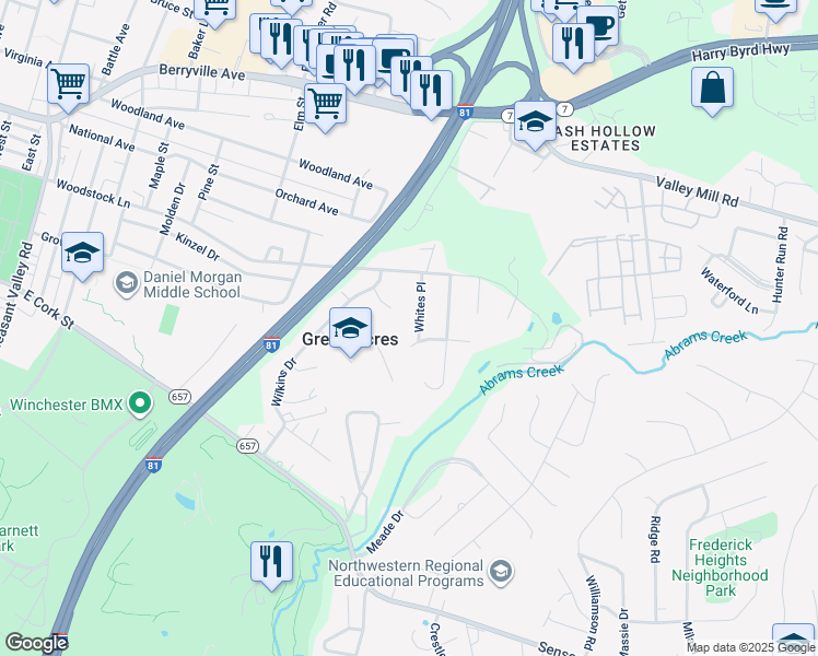 map of restaurants, bars, coffee shops, grocery stores, and more near 114 Whites Place in Winchester