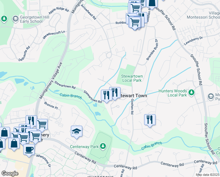 map of restaurants, bars, coffee shops, grocery stores, and more near 9310 Merust Lane in Montgomery Village
