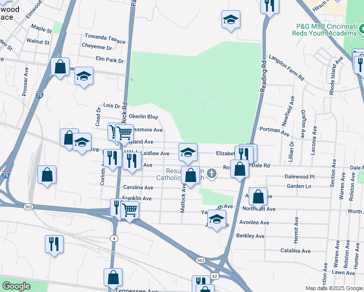 map of restaurants, bars, coffee shops, grocery stores, and more near 1425 Ryland Avenue in Cincinnati