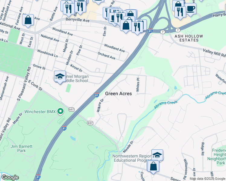 map of restaurants, bars, coffee shops, grocery stores, and more near 101 Wild Rose Circle in Winchester