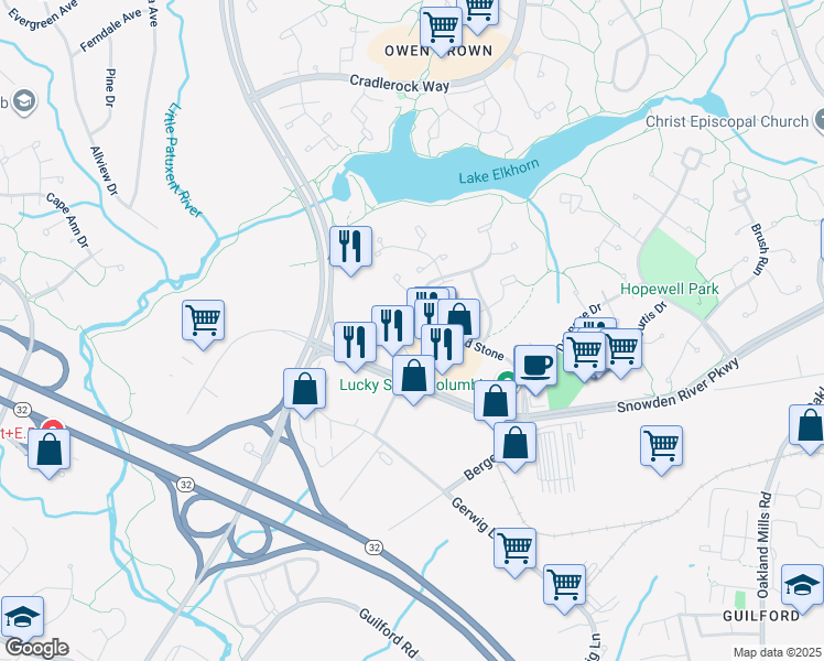 map of restaurants, bars, coffee shops, grocery stores, and more near 7110 Minstrel Way in Columbia