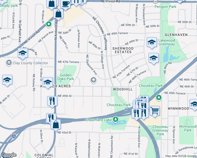 map of restaurants, bars, coffee shops, grocery stores, and more near 4636 Northeast Gladstone Avenue in Kansas City