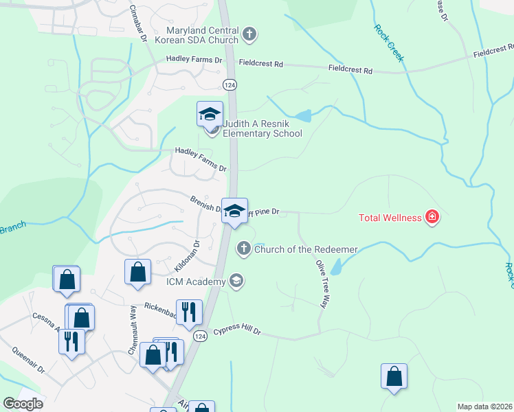 map of restaurants, bars, coffee shops, grocery stores, and more near 7337 Cliff Pine Drive in Gaithersburg