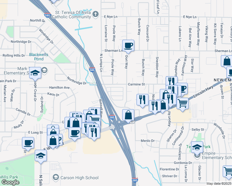 map of restaurants, bars, coffee shops, grocery stores, and more near 1871 North Lompa Lane in Carson City