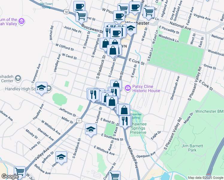 map of restaurants, bars, coffee shops, grocery stores, and more near 18 East Germain Street in Winchester