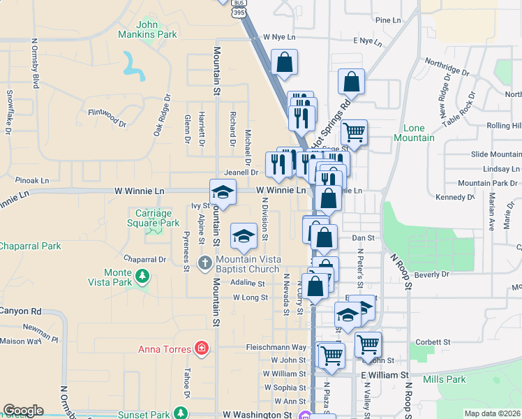 map of restaurants, bars, coffee shops, grocery stores, and more near 1859 Ivy Street in Carson City