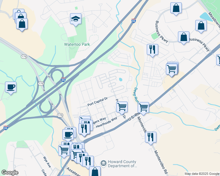 map of restaurants, bars, coffee shops, grocery stores, and more near 7205 Waterloo Pass in Elkridge