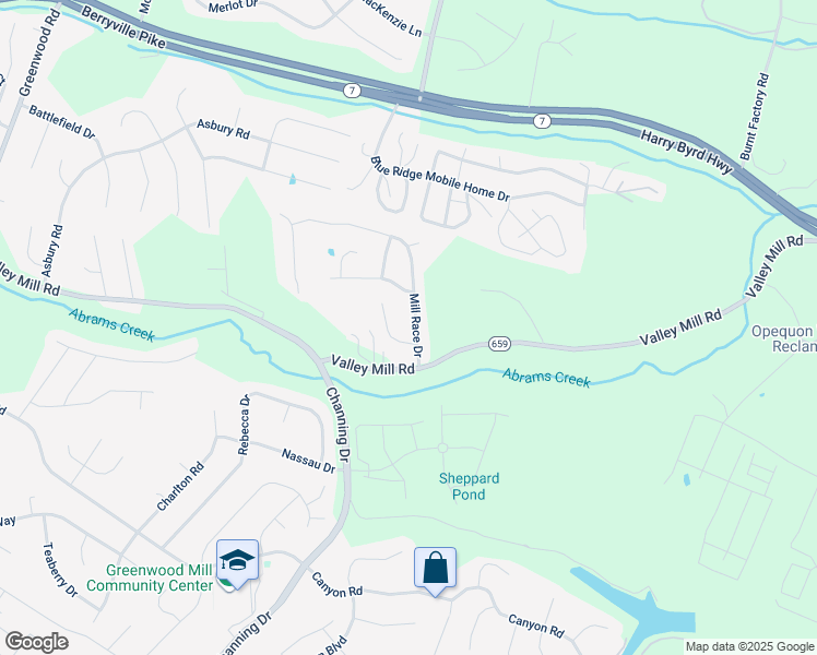 map of restaurants, bars, coffee shops, grocery stores, and more near 109 Mill Race Drive in Winchester