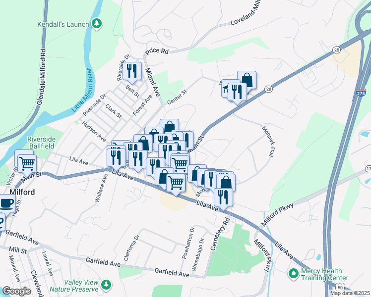 map of restaurants, bars, coffee shops, grocery stores, and more near 905 Main Street in Milford