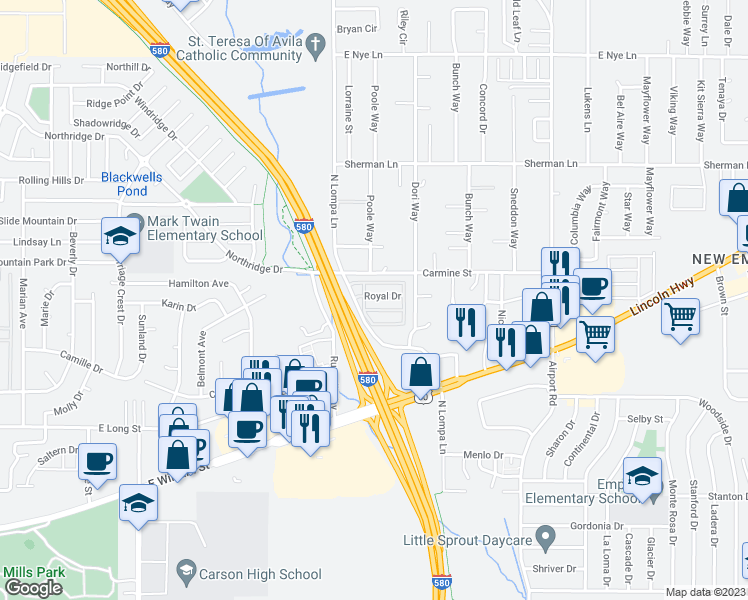 map of restaurants, bars, coffee shops, grocery stores, and more near 91 Royal Drive in Carson City