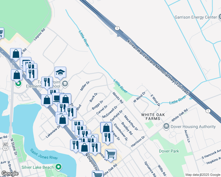 map of restaurants, bars, coffee shops, grocery stores, and more near 543 Nimitz Road in Dover