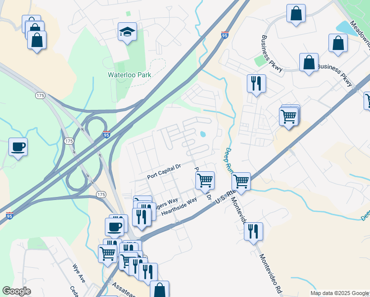 map of restaurants, bars, coffee shops, grocery stores, and more near 7205 Waterloo Pass in Elkridge