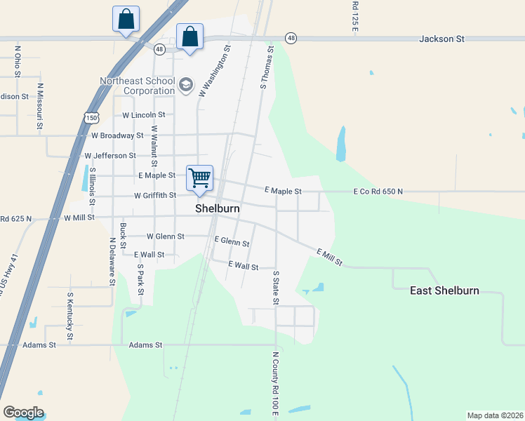 map of restaurants, bars, coffee shops, grocery stores, and more near 127 East Griffith Street in Shelburn