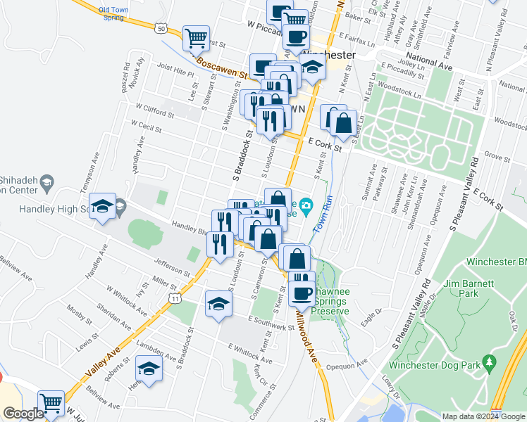 map of restaurants, bars, coffee shops, grocery stores, and more near 12 East Germain Street in Winchester