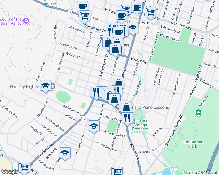 map of restaurants, bars, coffee shops, grocery stores, and more near 625 South Loudoun Street in Winchester