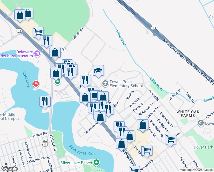 map of restaurants, bars, coffee shops, grocery stores, and more near 629 Buckson Drive in Dover