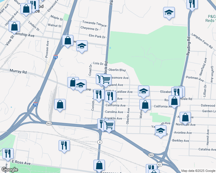 map of restaurants, bars, coffee shops, grocery stores, and more near in Cincinnati