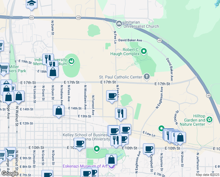 map of restaurants, bars, coffee shops, grocery stores, and more near 1225 North Walnut Grove Street in Bloomington