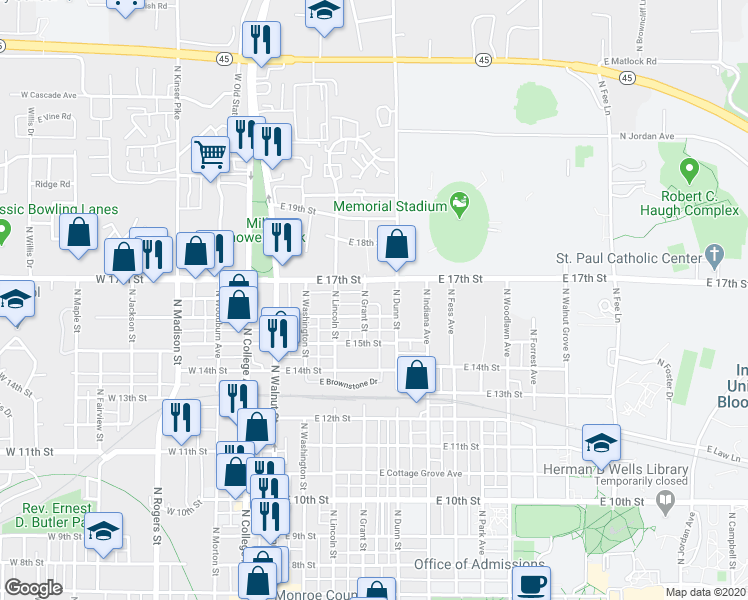 map of restaurants, bars, coffee shops, grocery stores, and more near in Bloomington