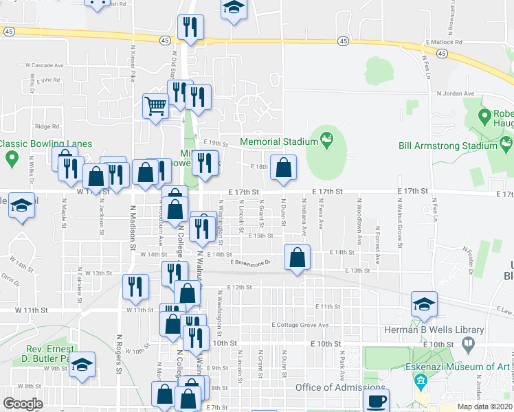 map of restaurants, bars, coffee shops, grocery stores, and more near 221 East 16th Street in Bloomington